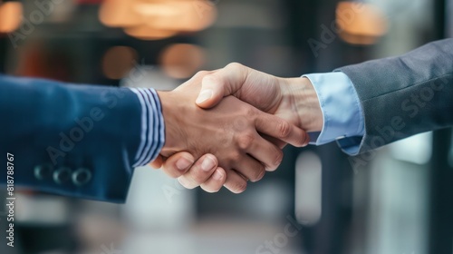 Two businessmen in suits engaging in a handshake, symbolizing a deal or agreement with a blurred background © Matthew