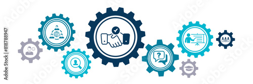 HR / human resources / talent management vector illustration. Blue concept with icons related to work & recruitment, employment, job offer, candidate / applicant interview by recruiter, career advice.
