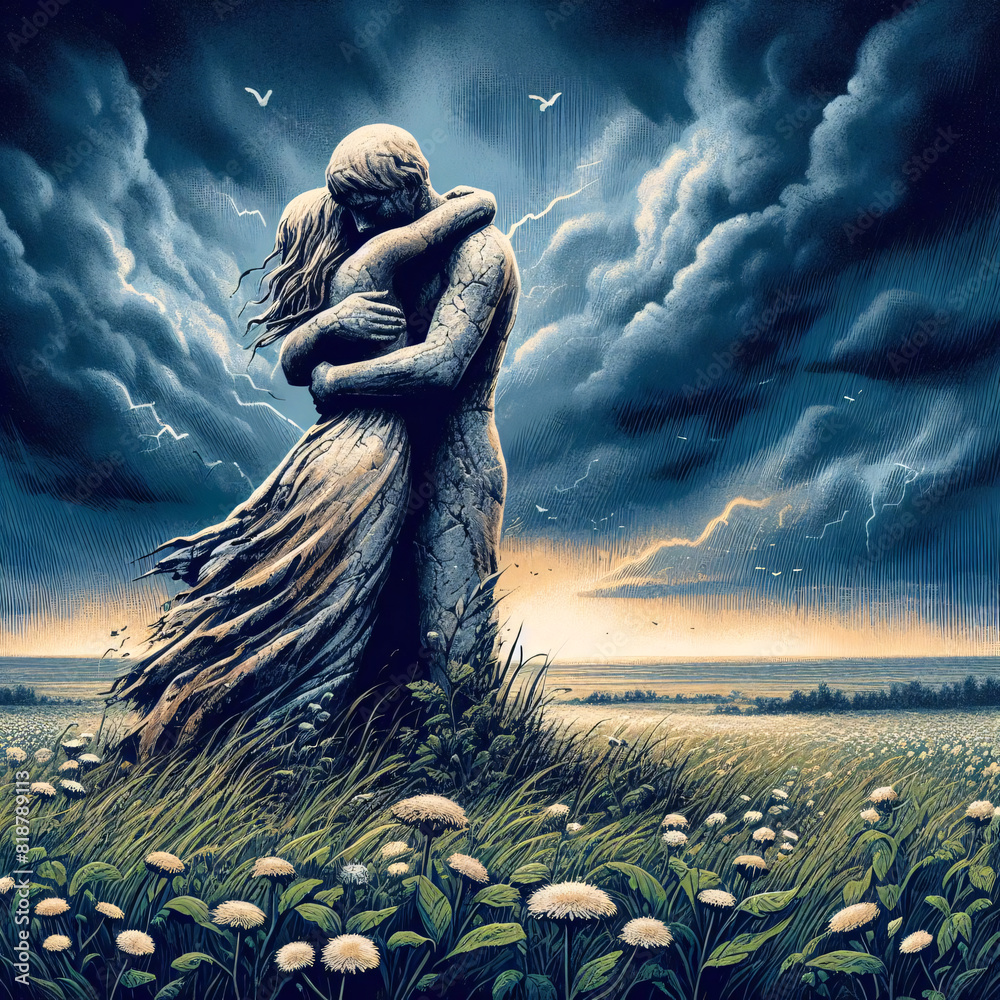 Old stone statue of two lovers, landscape field under a stormy sky, wuthering heights romantic story, austere romanticism Old stone statue of two lovers, landscape field under a stormy sky, wuthering heights romantic story, austere romanticism