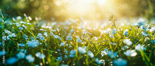Dewy Morning in a Lush Green Meadow, Bright Wildflowers Peeking Through, Fresh Spring Scene