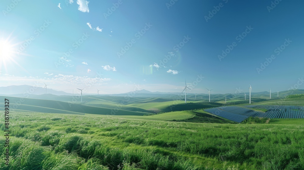 Fototapeta premium A vast landscape showcasing a harmony between renewable solar and wind energy with lush greenery under a clear sky