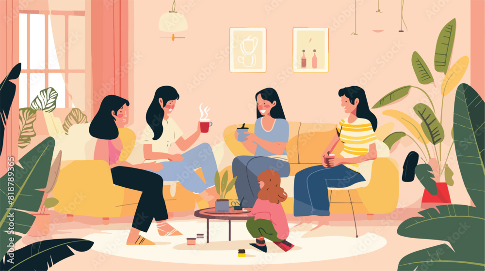 Four of women sit in cozy room drink tea and talk 