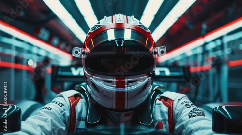 A F1 driver inside his car with the helmet and the competition suit prepared for the race photo