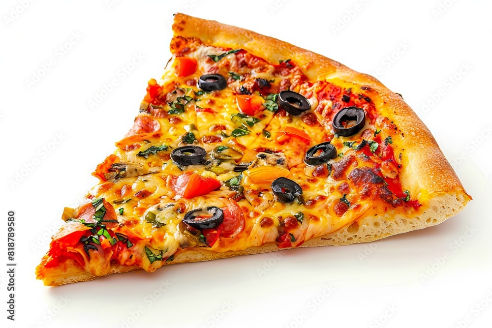 A slice of pizza with olives and tomatoes.