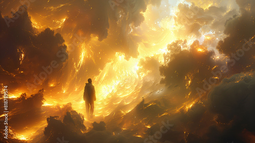 A person standing amidst a surreal, fiery landscape with swirling clouds and bright, glowing light. The scene is otherworldly and dramatic, with intense colors and a sense of awe and wonder.