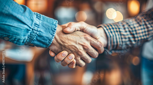 Close up of two business people shaking hands in the office. Handshake concept.