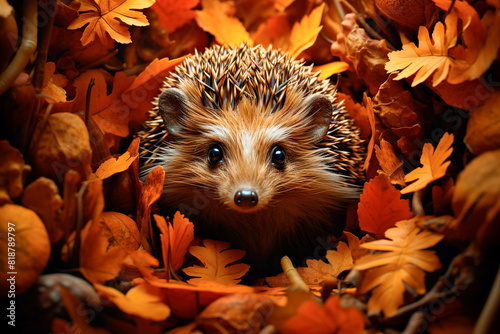 Cute hedgehog close-up in autumn leaves, portrait, no people