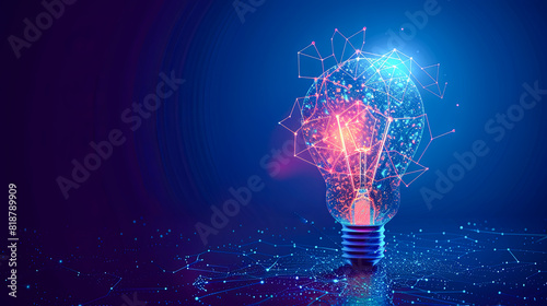 Abstract polygonal light bulb on Polygonal wireframe dark blue background. Innovation and technology concept. 3D Rendering