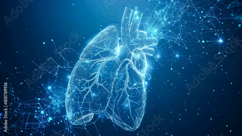 Human heart on Polygonal wireframe blue background. Artificial intelligence concept. 3D Rendering photo
