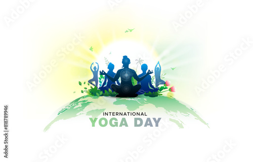 Creative vector illustration of Yoga Day with world map. International Yoga Day People silhouette practicing body stretch exercises and yoga background.