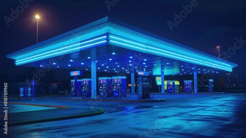 A futuristic gas station illuminated by vibrant blue lights at night