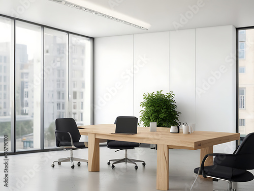 Bright office meeting room with panoramic window. Concept of minimalist business interior design. Generative AI.