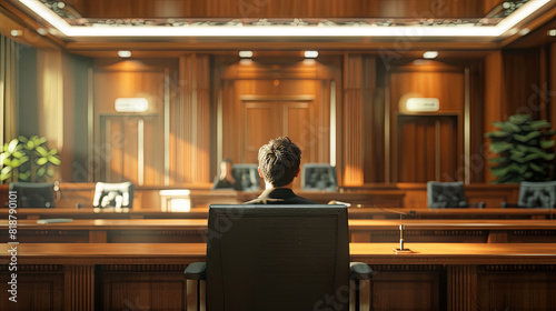 Rear view of a man sitting in an empty courtroom or law enforcement office photo