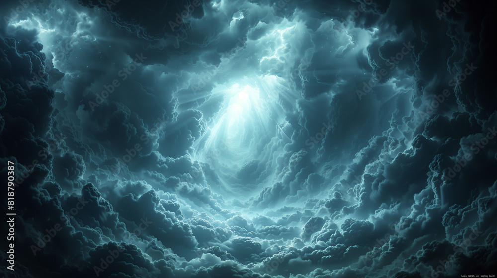 A dramatic and surreal depiction of a cloudy sky with a bright light breaking through the center, creating a heavenly and ethereal atmosphere. A dramatic and surreal depiction of a cloudy sky with a bright light breaking through the center, creating a heavenly and ethereal atmosphere.