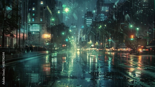 A moody atmospheric picture capturing a wet urban street bathed in neon and streetlights on a rainy evening  with reflections and silhouettes of people