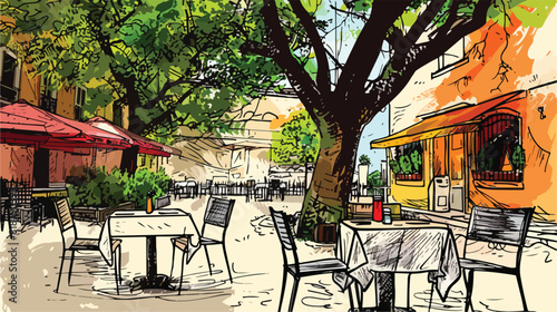 Freehand sketch of outdoor cafe or restaurant with ta © Casa
