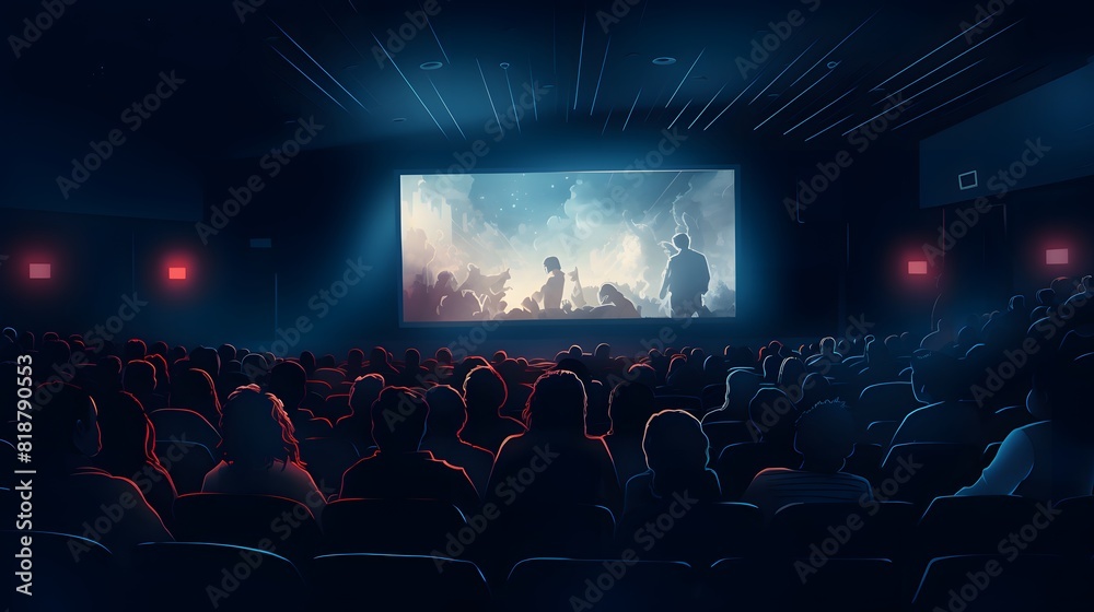 Group of people watching a movie on the big screen in a cinema hall. Generative AI.