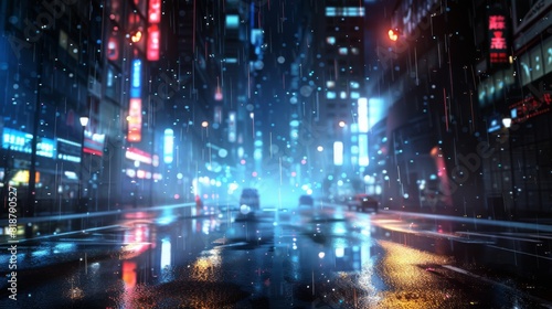 A futuristic city street at night under rain, with neon sign reflections on the wet asphalt Captivating urban scene conveying a cyberpunk atmosphere