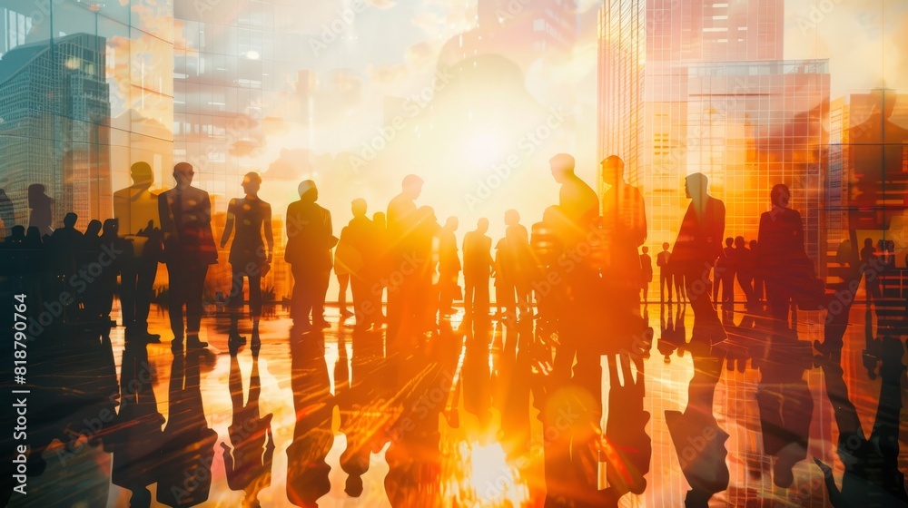 The image captures a bustling urban environment at sunset with silhouettes of people against a backdrop of skyscrapers and the vivid colors of the sun The image captures a bustling urban environment at sunset with silhouettes of people against a backdrop of skyscrapers and the vivid colors of the sun