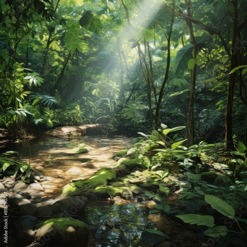 Tropical jungle sunlight filtering through lush foliage, casting dappled shadows