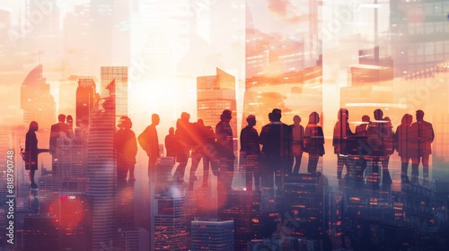 The image shows a group of businesspeople silhouettes overlaid on a vibrant cityscape during sunset  showcasing urban life and corporate culture
