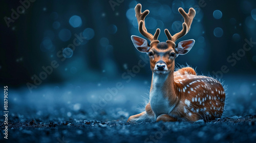 Adorable baby whitetail deer resting on a midnight blue background