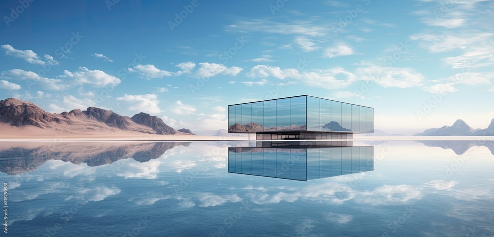 Fototapeta premium Reflective Oasis: A Glass Building on Wate