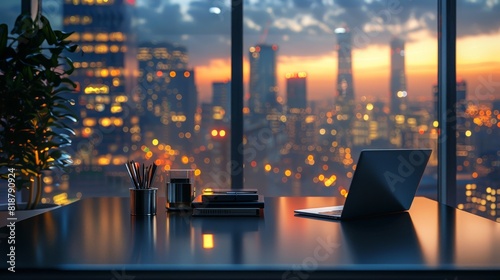 A modern office workspace overlooking a vibrant evening cityscape from a high-rise building A sleek laptop, stationery, and personal organizer are neatly arranged