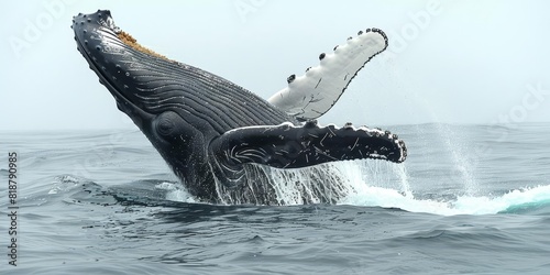 A majestic humpback whale breaching the surface of the ocean
