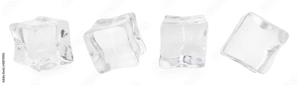 Crystal clear ice cubes isolated on white, set Crystal clear ice cubes isolated on white, set