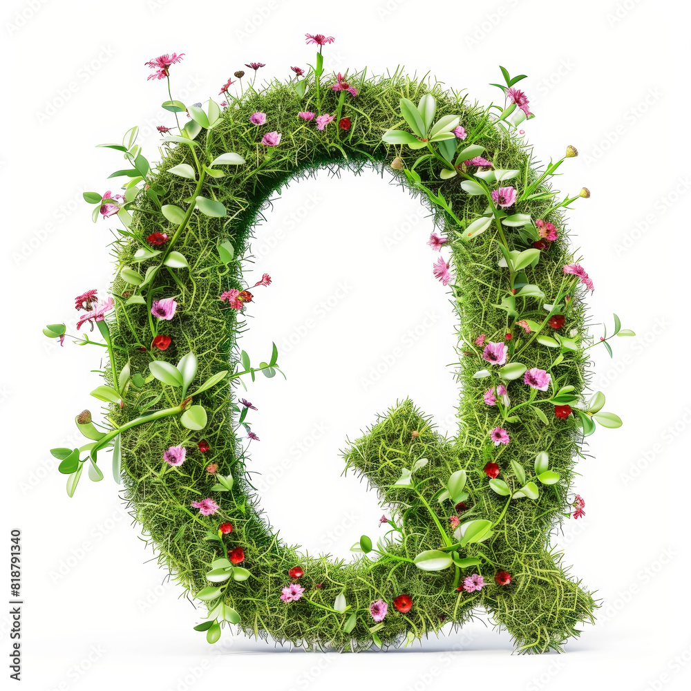 Green organic grass with tiny flowers made letter Q on white clean background. Environment concept. Generative AI Green organic grass with tiny flowers made letter Q on white clean background. Environment concept. Generative AI