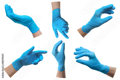Woman wearing medical glove on white background, closeup. Collage of photos