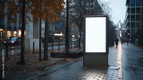 An empty, illuminated billboard on the sidewalk of a city street in the evening with blurred background of urban life