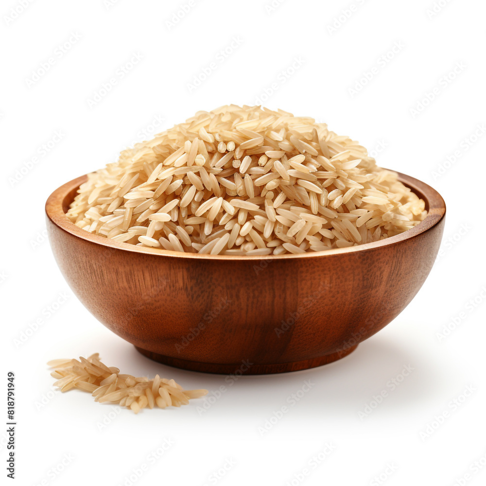 Pile of brown rice brown rice in a wooden bowl isolated on white background Pile of brown rice brown rice in a wooden bowl isolated on white background