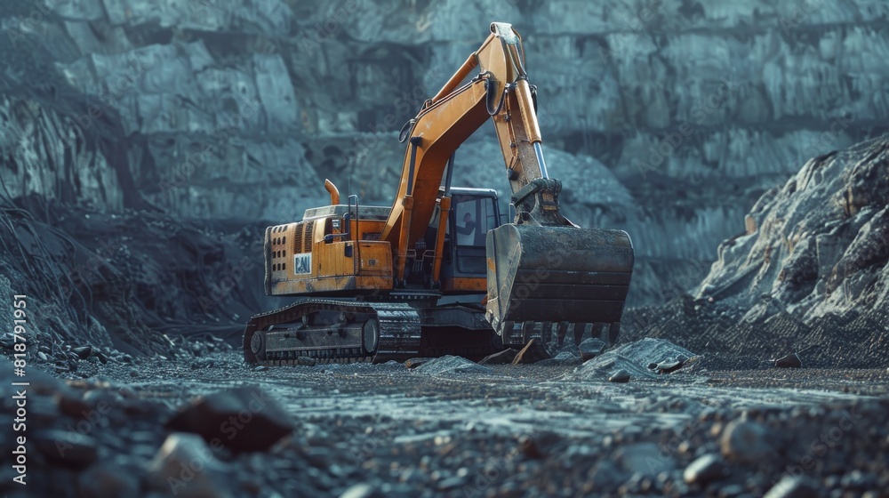 A large yellow excavator with a bucket is positioned in a rocky quarry, highlighting industrial work and heavy machinery A large yellow excavator with a bucket is positioned in a rocky quarry, highlighting industrial work and heavy machinery