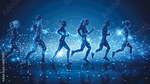 Running people silhouettes against blue background with lines and dots. Teamwork concept. 3D Rendering