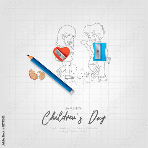 Happy children's Day post with kids going school carry bags, pencil, sharpner creative concept children's day background banner, poster. vector illustration.