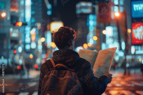 Someone is looking at a map on a city street at night, traveller portrait photo