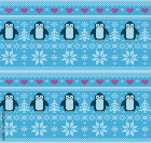 Christmas Winter Penguin Knitted Pattern Tiled Vector