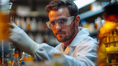 Serious male scientist working in a laboratory. He is wearing safety glasses and a white coat.