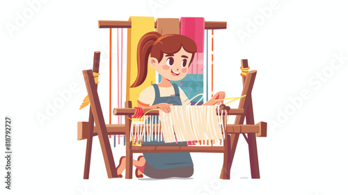 Funny girl using loom and weaving cloth isolated on white