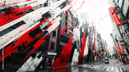 A city street with modern buildings featuring abstract red, black, and white graffiti art. The street is wet, suggesting recent rain, and there are a few cars and pedestrians visible.