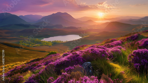 sunset over scottish highlands landscape with purple heather blooms green rolling hills lochs leading to distant mountains beauty generative ai photo