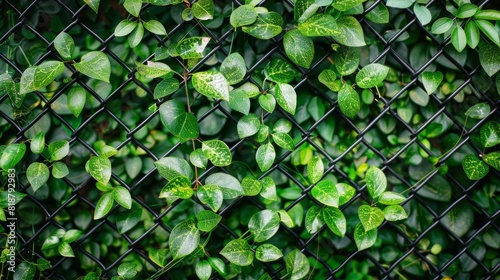 Vibrant green leaves with variegated patterns climbing a metal chain-link fence, creating a natural and industrial contrast photo