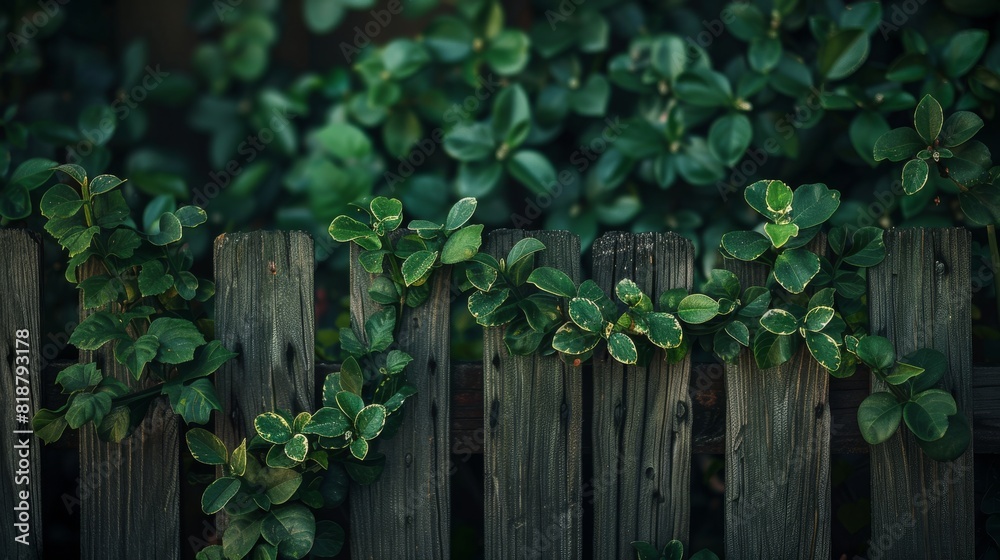 A serene scene of a weathered wooden fence partially covered with vibrant green leaves in soft lighting A serene scene of a weathered wooden fence partially covered with vibrant green leaves in soft lighting