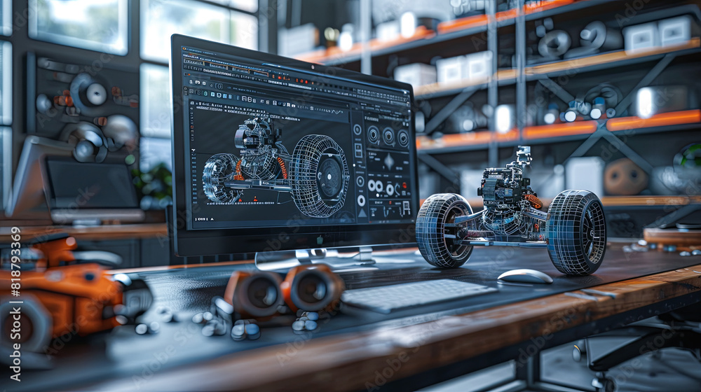 Automotive parts on the table in the workshop. 3d rendering Automotive parts on the table in the workshop. 3d rendering