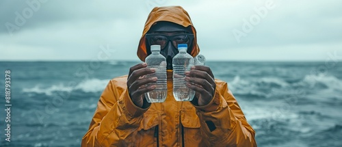 Man at breakwater with a plastic bottle in front of his face, wearing a jacket photo
