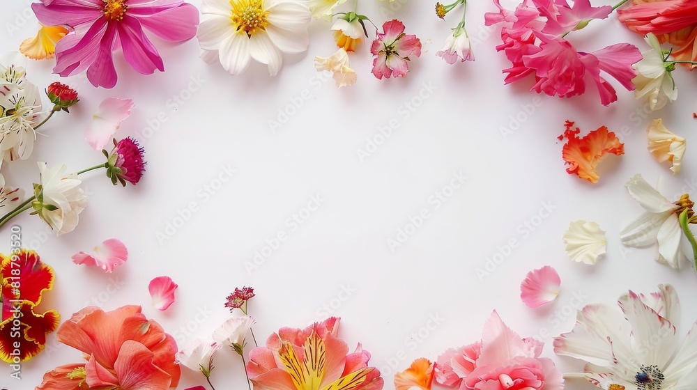 A vibrant selection of various flowers arranged around the border, creating a central space for text or design elements A vibrant selection of various flowers arranged around the border, creating a central space for text or design elements