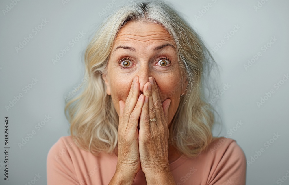 adult female hiding her lips with her hands adult female hiding her lips with her hands