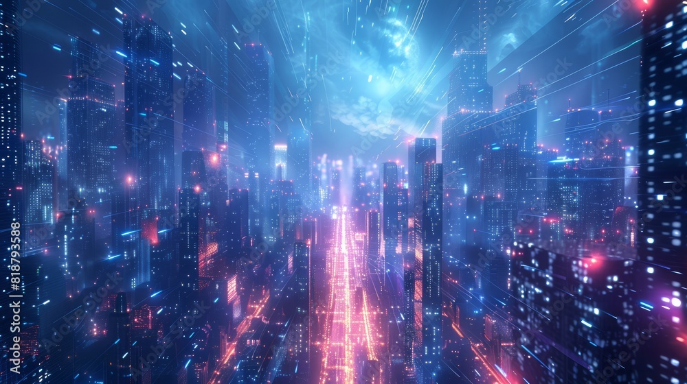 Fototapeta premium A captivating digital artwork of a futuristic cityscape illuminated by neon lights and towering skyscrapers, ideal for technology and innovation themes. 